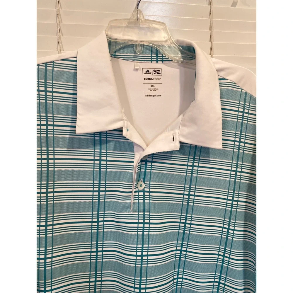 Adidas ClimaCool Mens‎ 2XL Golf Tennis Polo Shirt Teal White Plaid Mesh